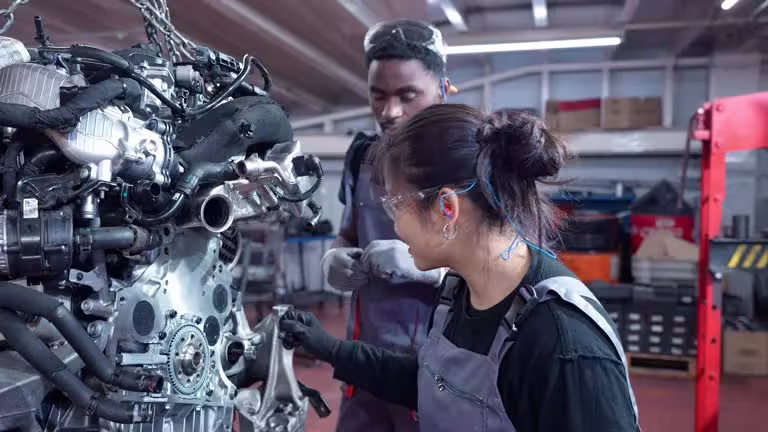 Technicians working on a mechanical assembly